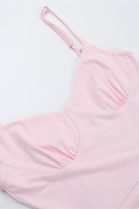 Spaghetti Straps Pink Frill Slit Dress