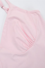 Spaghetti Straps Pink Frill Slit Dress