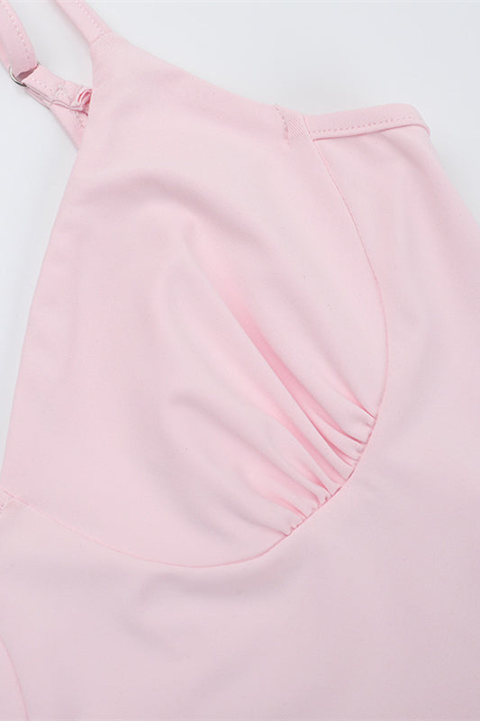 Spaghetti Straps Pink Frill Slit Dress
