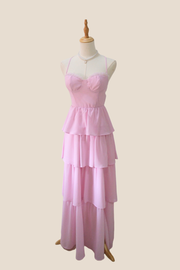 Spaghetti Straps Pink Tiered Chiffon Long Dress