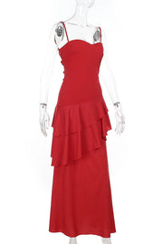 Spaghetti Straps Red Ruffle Tiered Long Dress
