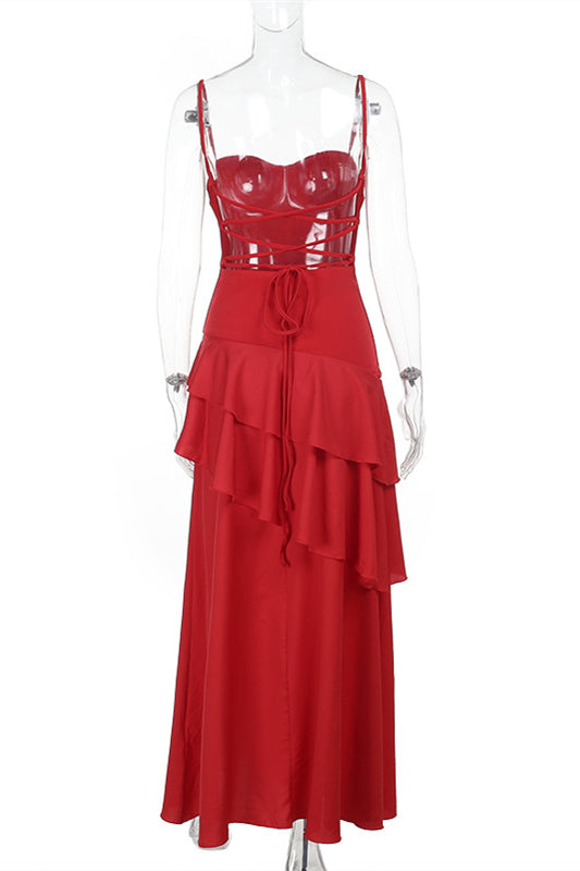 Spaghetti Straps Red Ruffle Tiered Long Dress