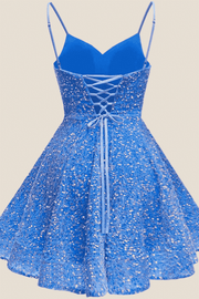 Spaghetti Straps Royal Blue Sequin Short Dress