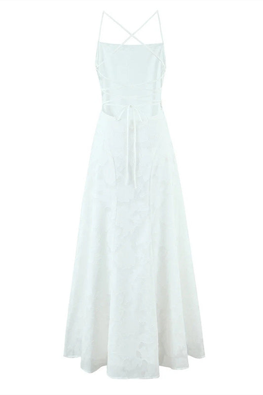 Spaghetti Straps White Floral Long Dress
