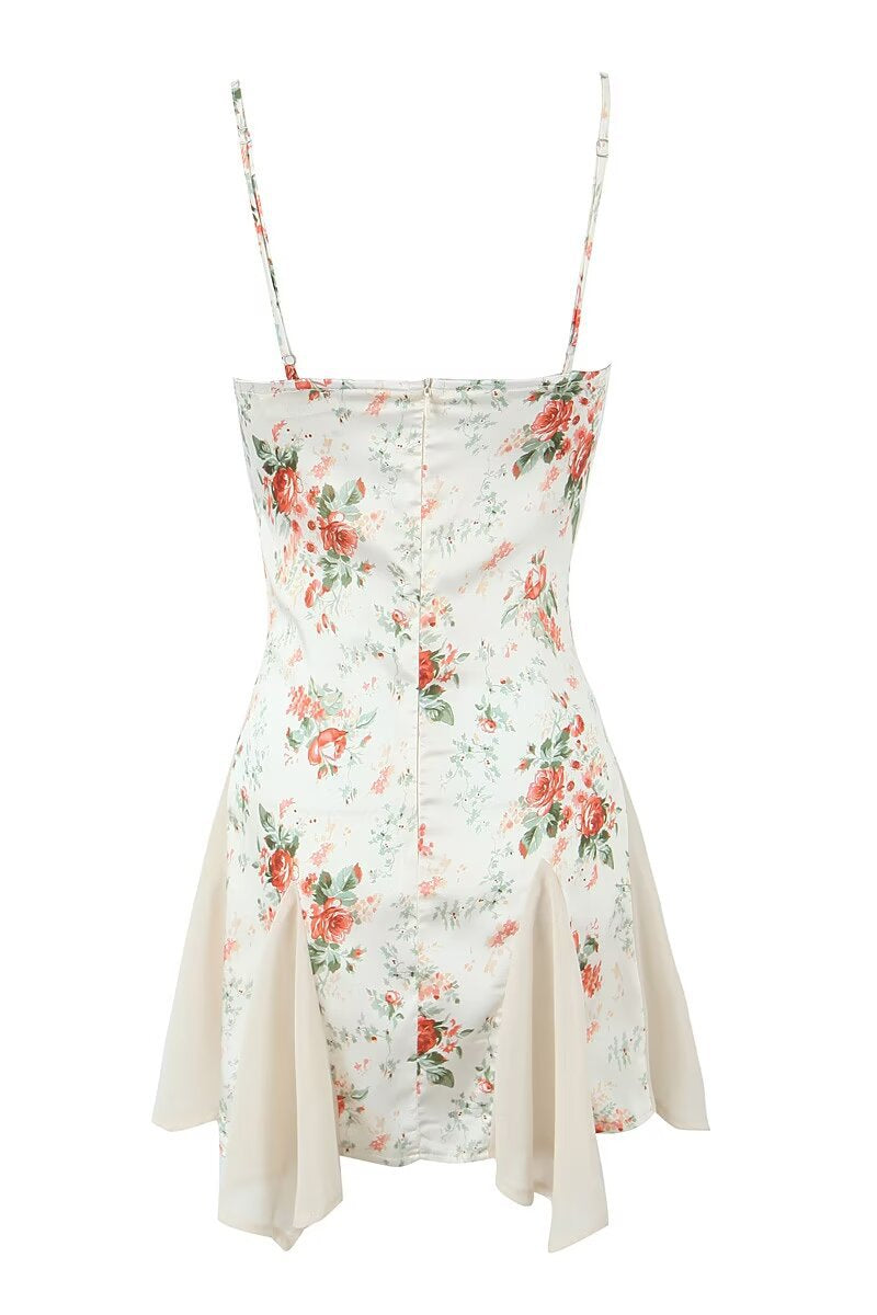 Spaghetti Straps White Floral Print Short Dress