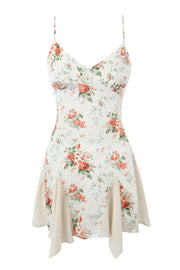 Spaghetti Straps White Floral Print Short Dress