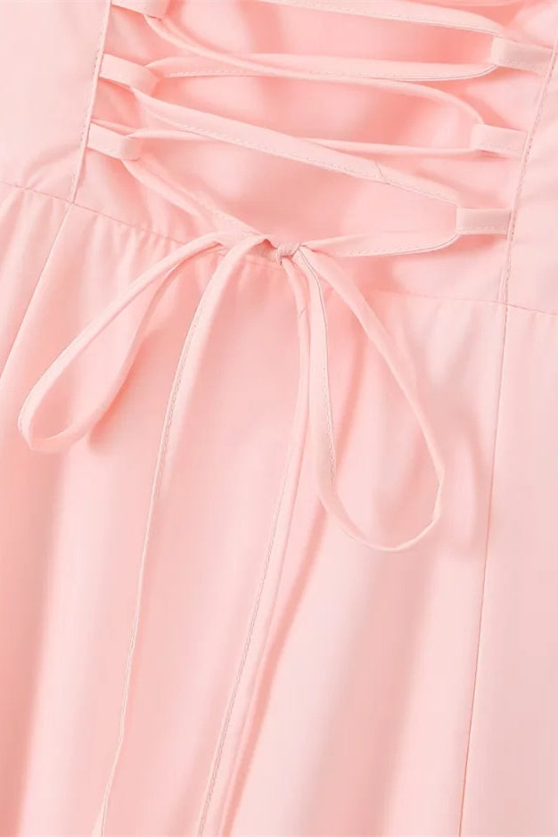 Spaghetti Straps Pink Tie Front Midi Dress