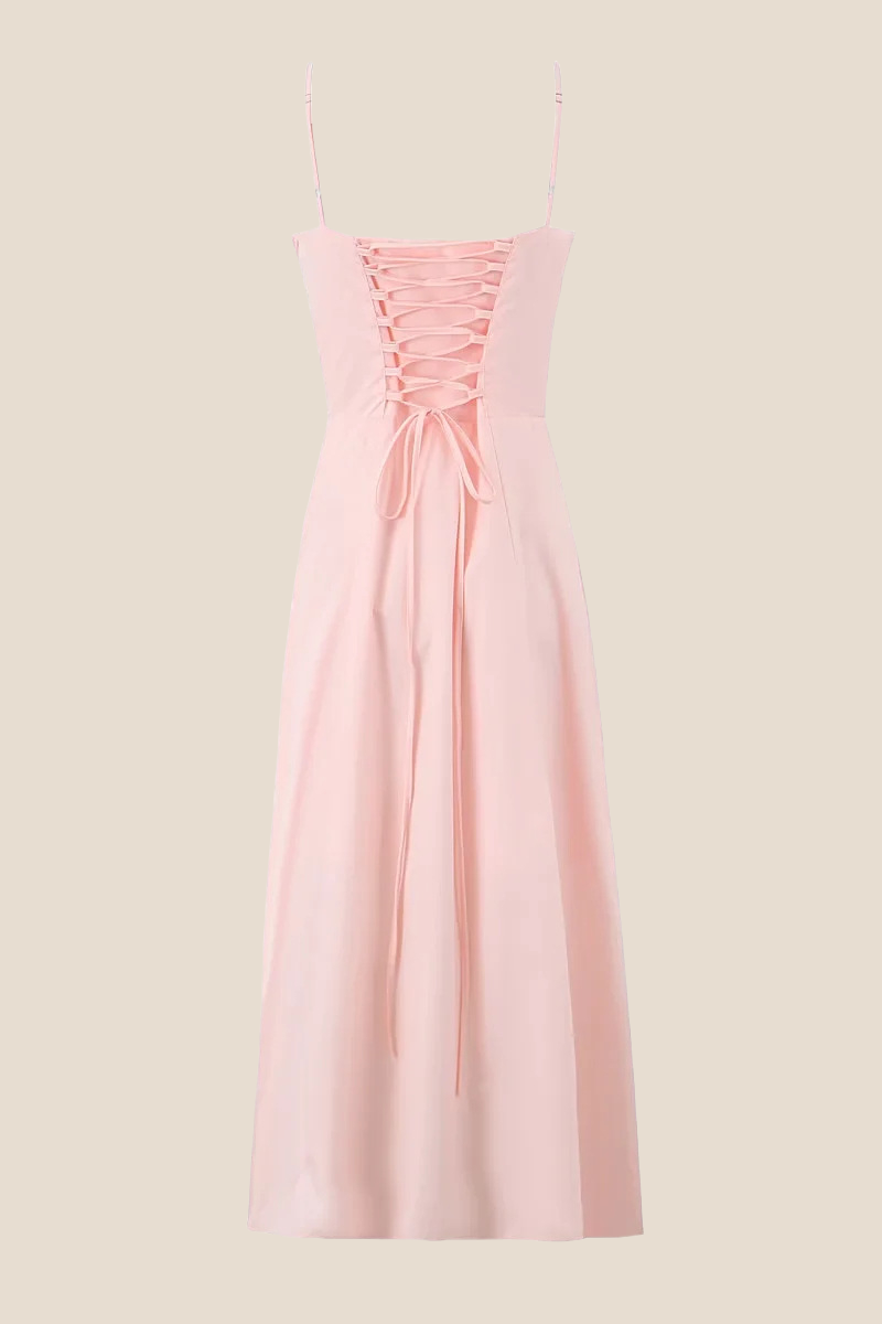 Spaghetti Straps Pink Tie Front Midi Dress