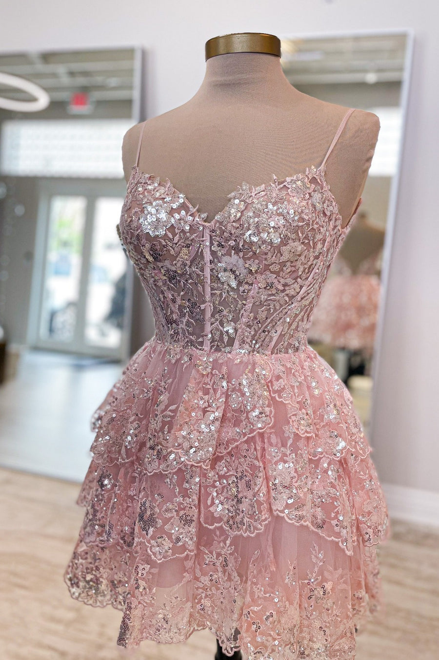 Spaghetti Straps Pink Tiered Short Homecoming Dress Ohmollydress Spaghetti Straps Pink Tiered Short Homecoming Dress Ohmollydress