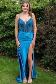 Straps Red Appliques Mermaid Ruched Long Party Dress