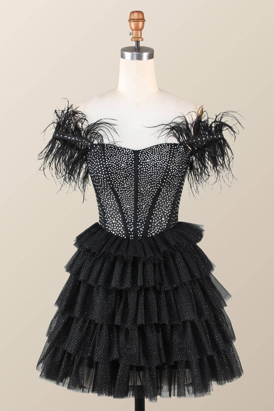 Feather Off the Shoulder Beaded Black Tiered Short Dress