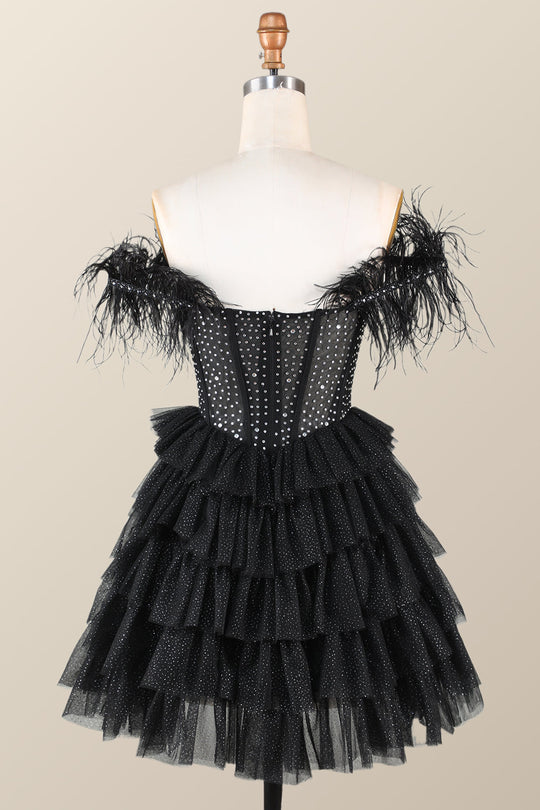 Feather Off Shoulder Beaded Detailed Dress