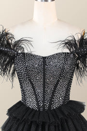 Feather Off the Shoulder Beaded Black Tiered Short Dress