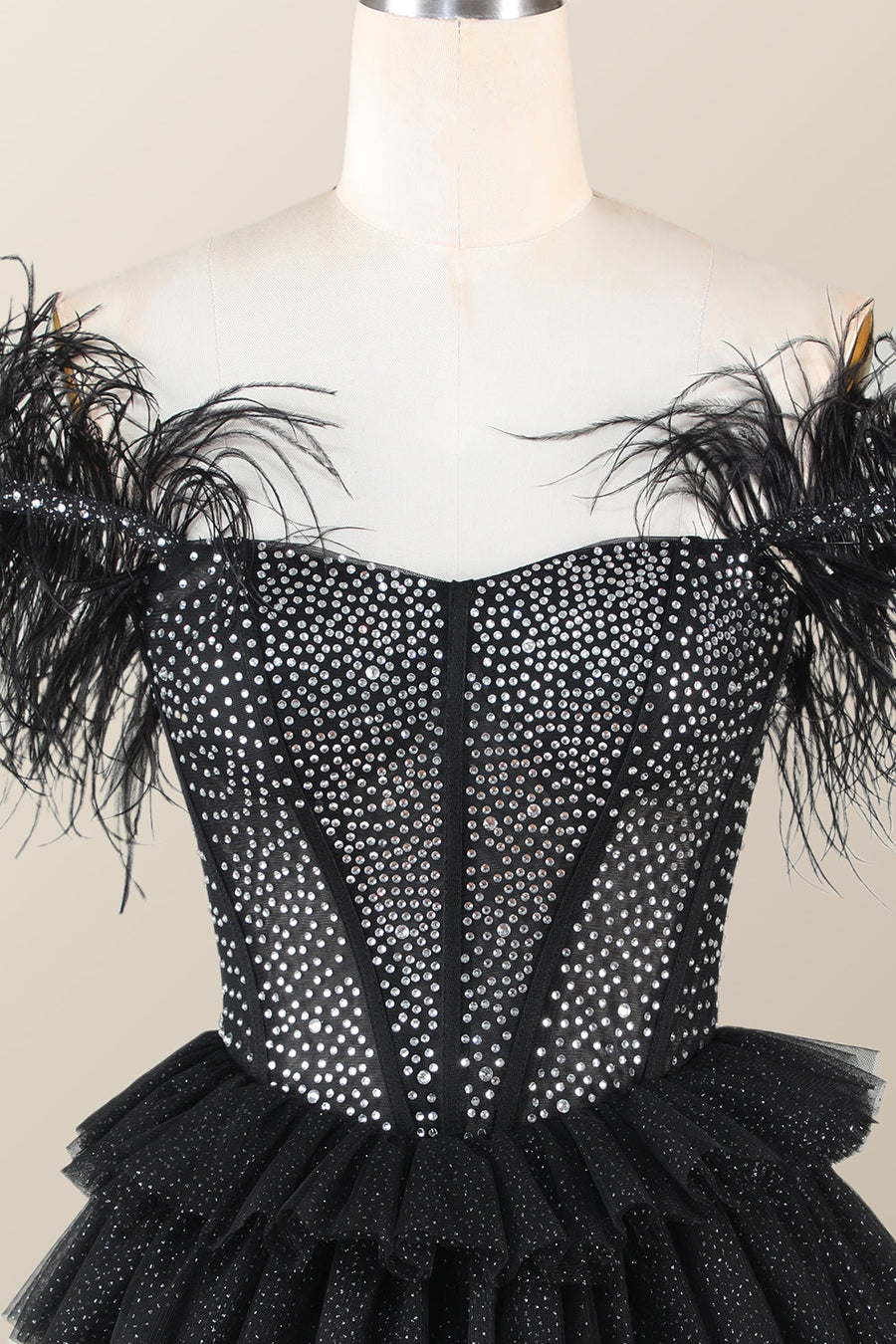 Feather Off the Shoulder Beaded Black Tiered Short Dress Ohmollydress Feather Off the Shoulder Beaded Black Tiered Short Dress Ohmollydress