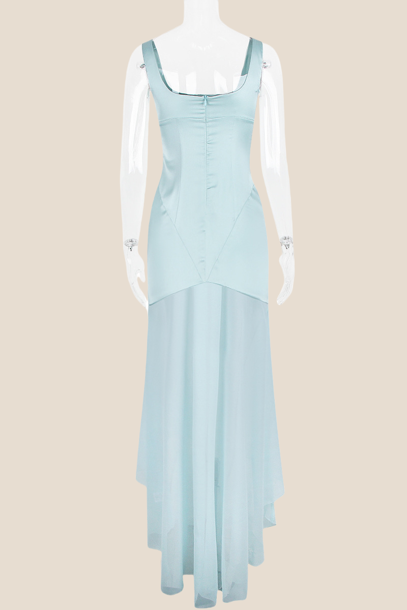 Square Neck Blue Chiffon Spliced Long Dress