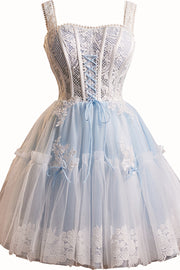 Square Neck Blue Lace Stitching Short Dress