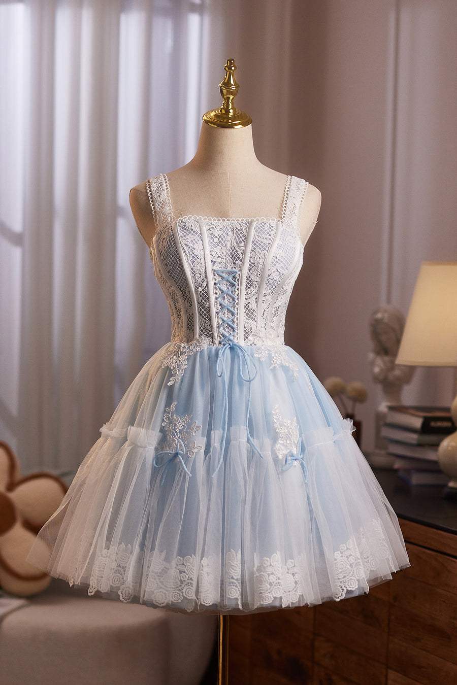 Square Neck Blue Lace Stitching Short Dress