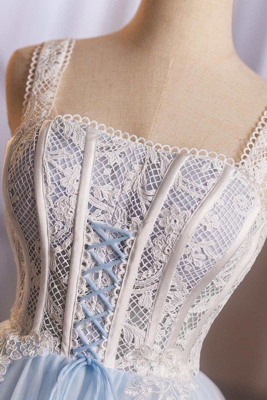 Square Neck Blue Lace Stitching Short Dress
