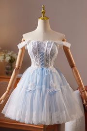 Square Neck Blue Lace Stitching Short Dress