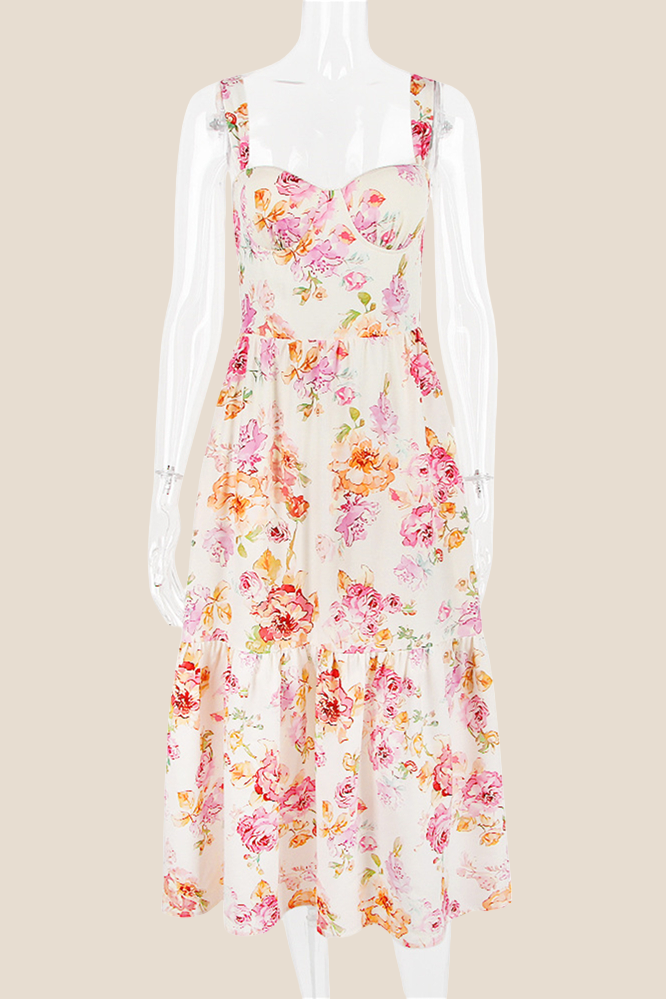 Square Neck Floral Print A-line Midi Dress