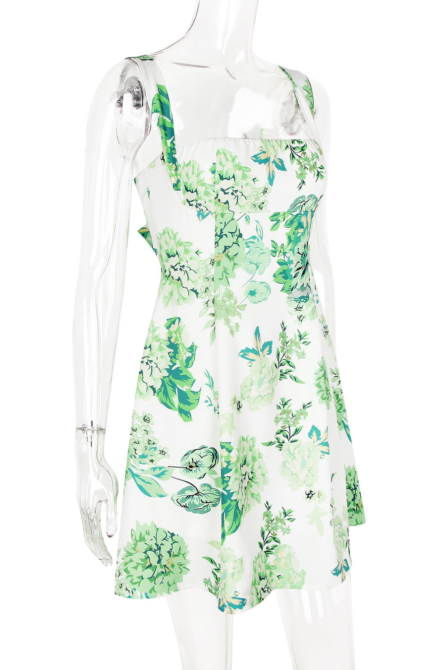 Square Neck Green Floral A-line Short Dress