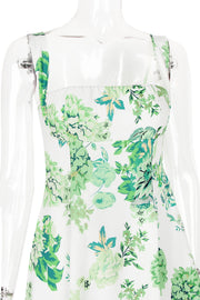 Square Neck Green Floral A-line Short Dress