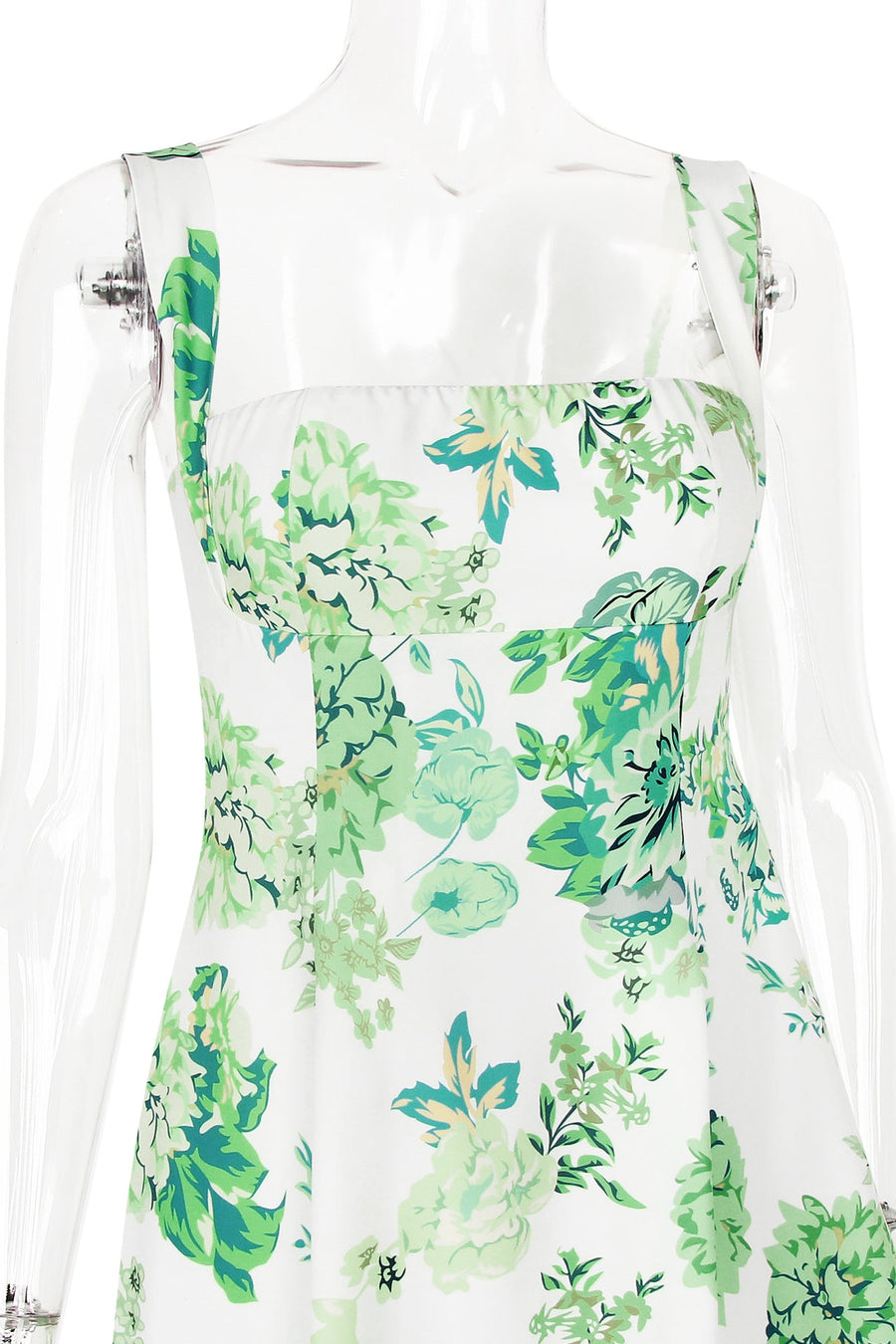 Square Neck Green Floral A-line Short Dress