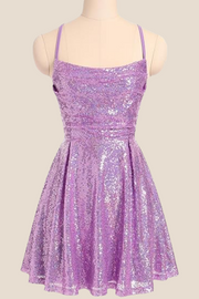 Square Neck Lilac Ruched Sequin Short Dress