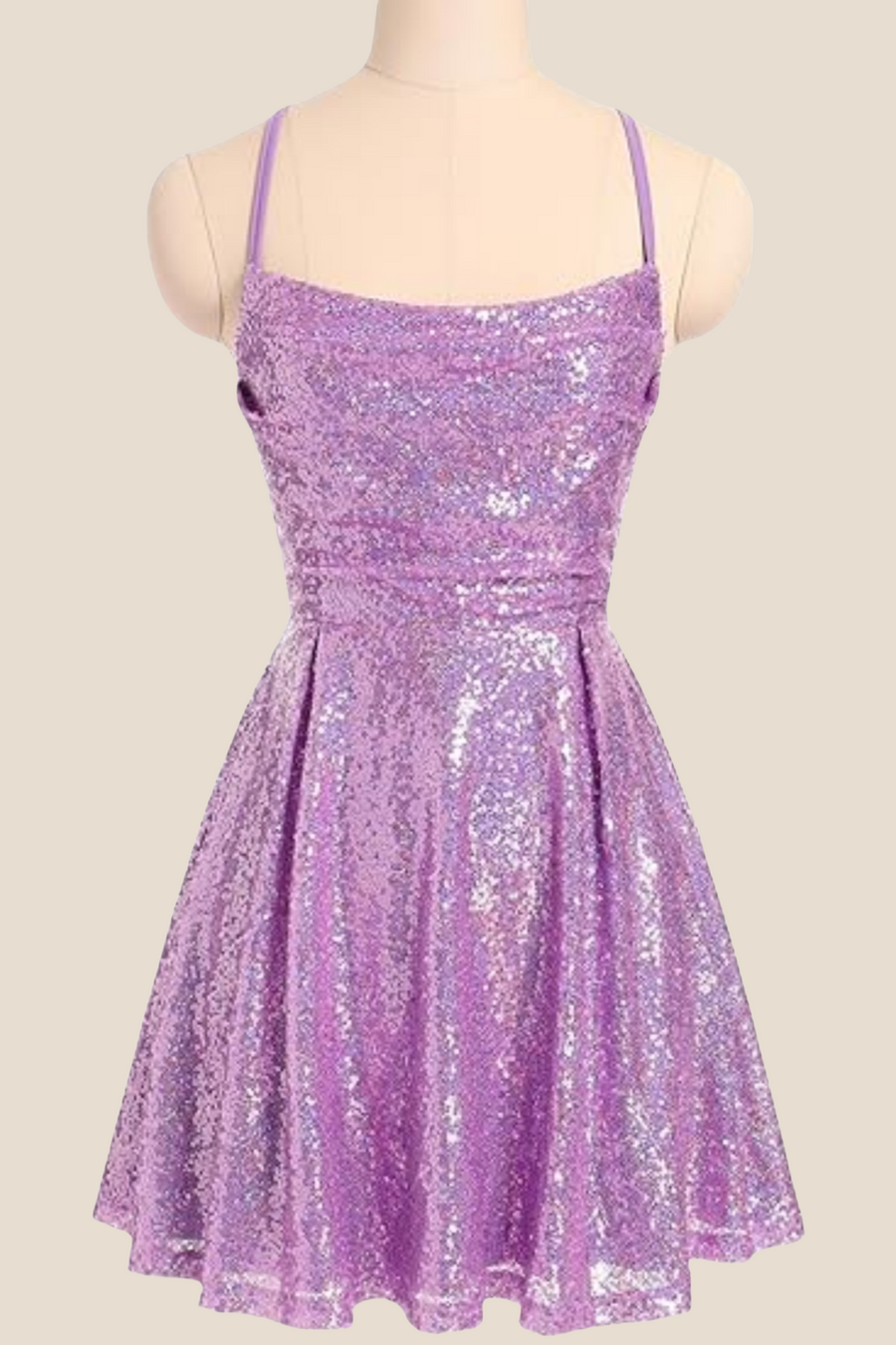 Square Neck Lilac Ruched Sequin Short Dress