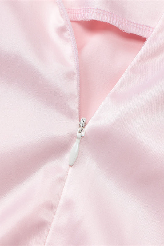 Square Neck Pink A-line Satin Short Dress