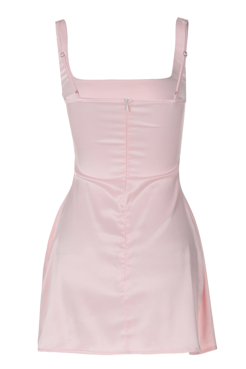 Square Neck Pink A-line Satin Short Dress
