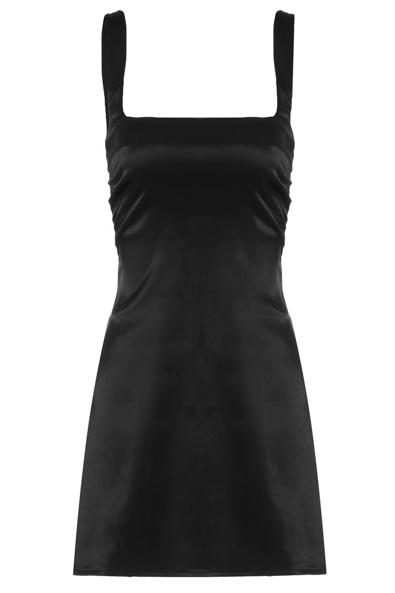 Square Neck Pink A-line Satin Short Dress