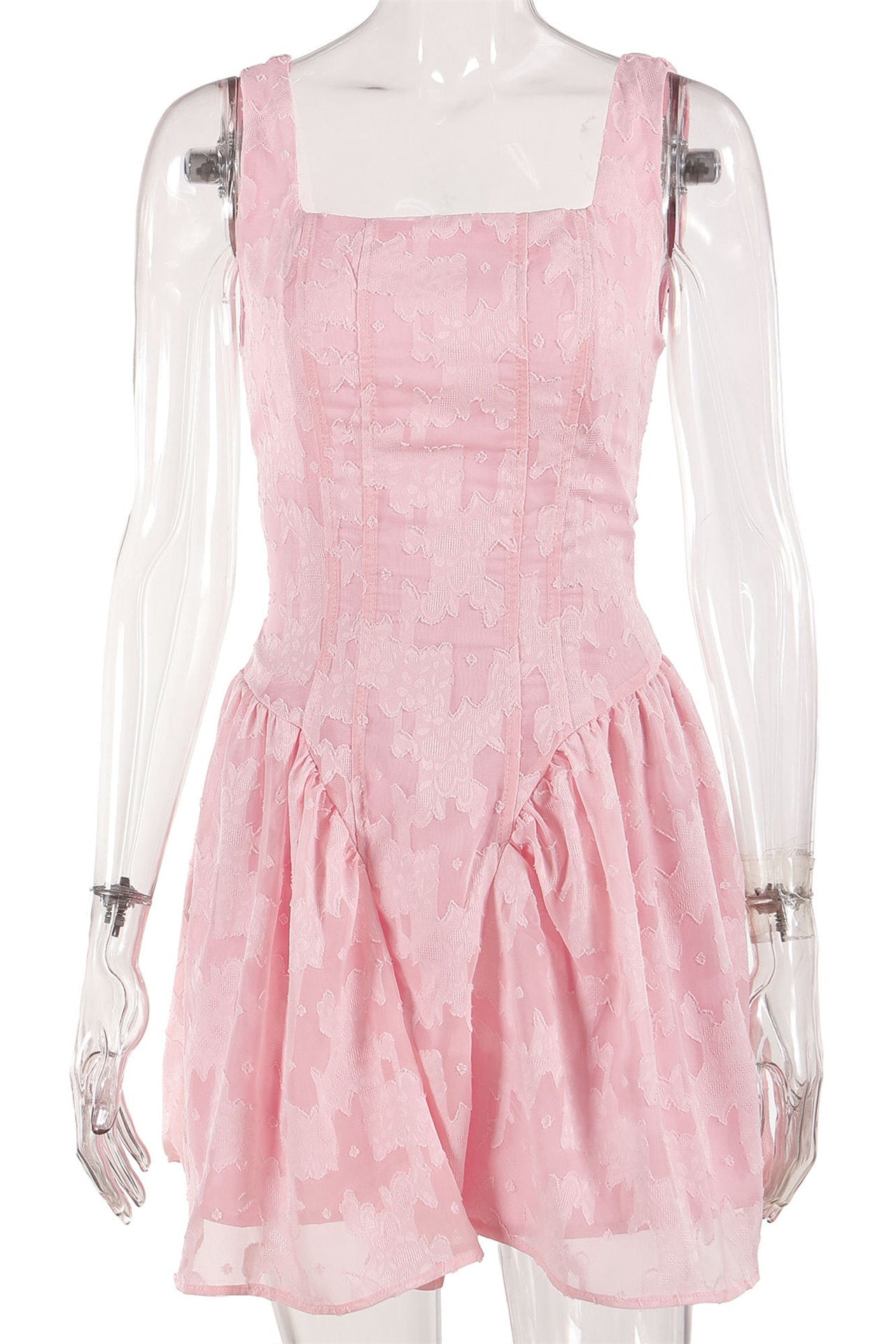 Square Neck Pink Lace A-line Short Dress