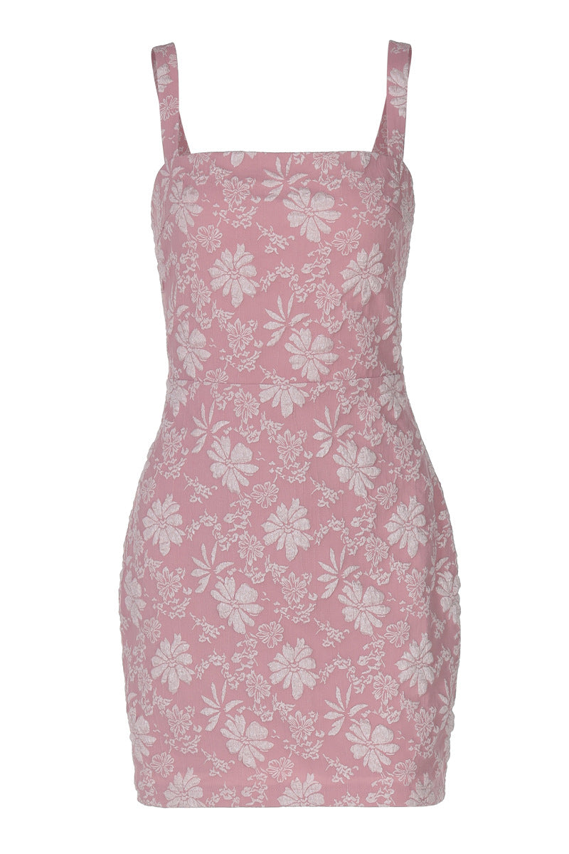 Square Neck Pink Floral Print Short Dress