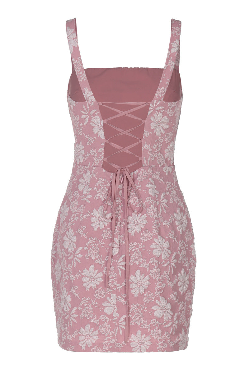 Square Neck Pink Floral Print Short Dress