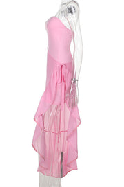 Square Neck Pink Ruffled Hem Long Dress