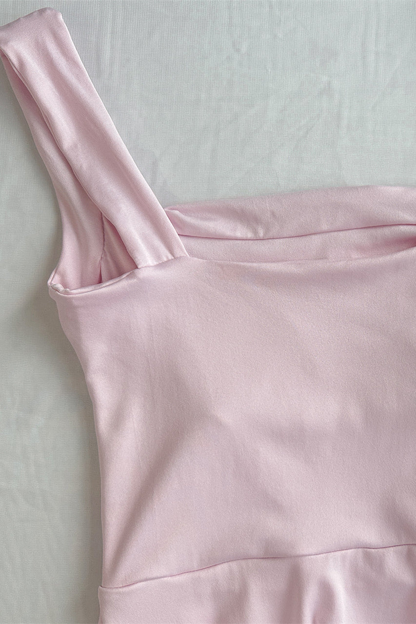 Square Neck Pink Tiered A-line Short Dress
