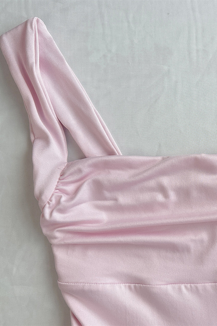 Square Neck Pink Tiered A-line Short Dress
