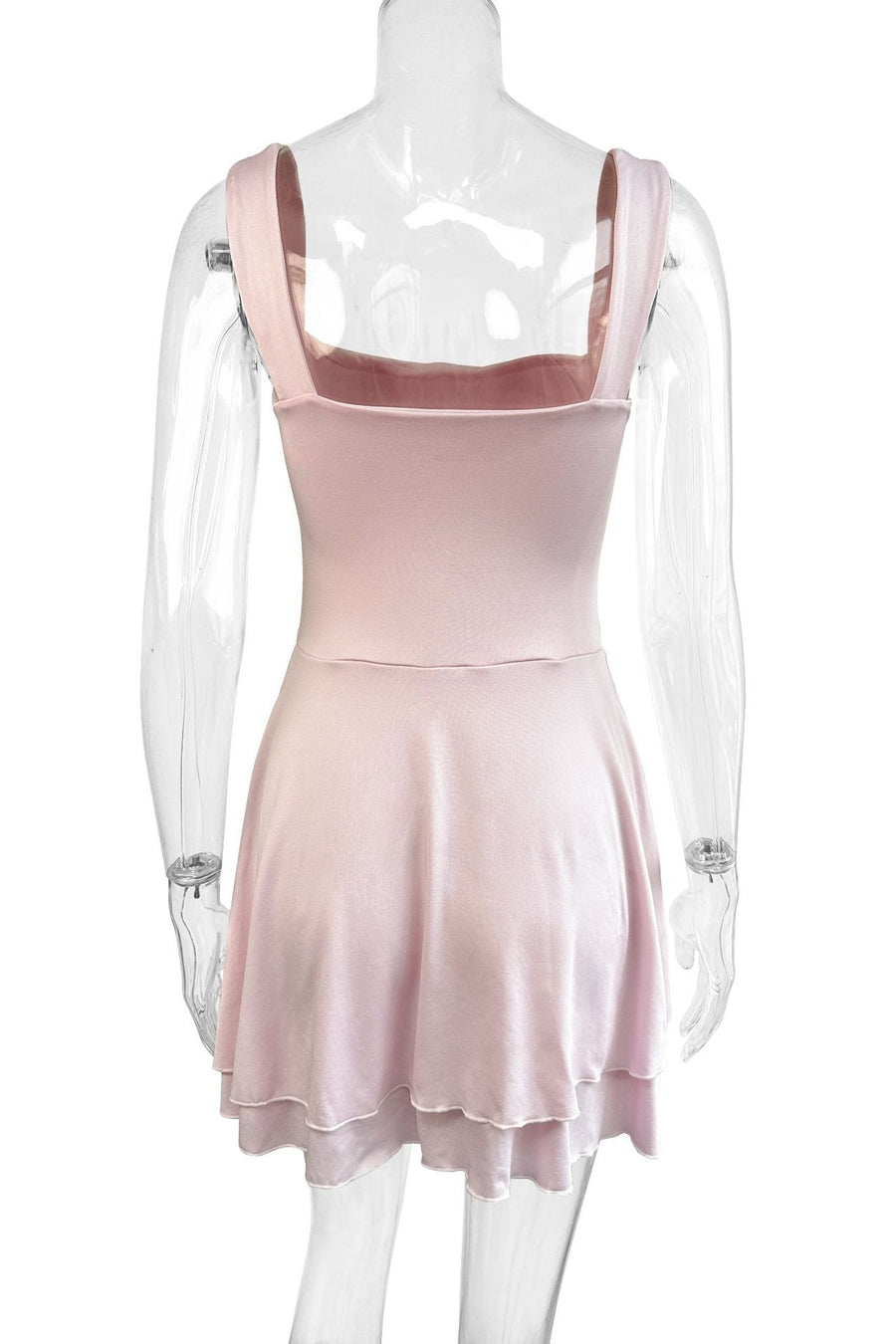 Square Neck Pink Tiered A-line Short Dress