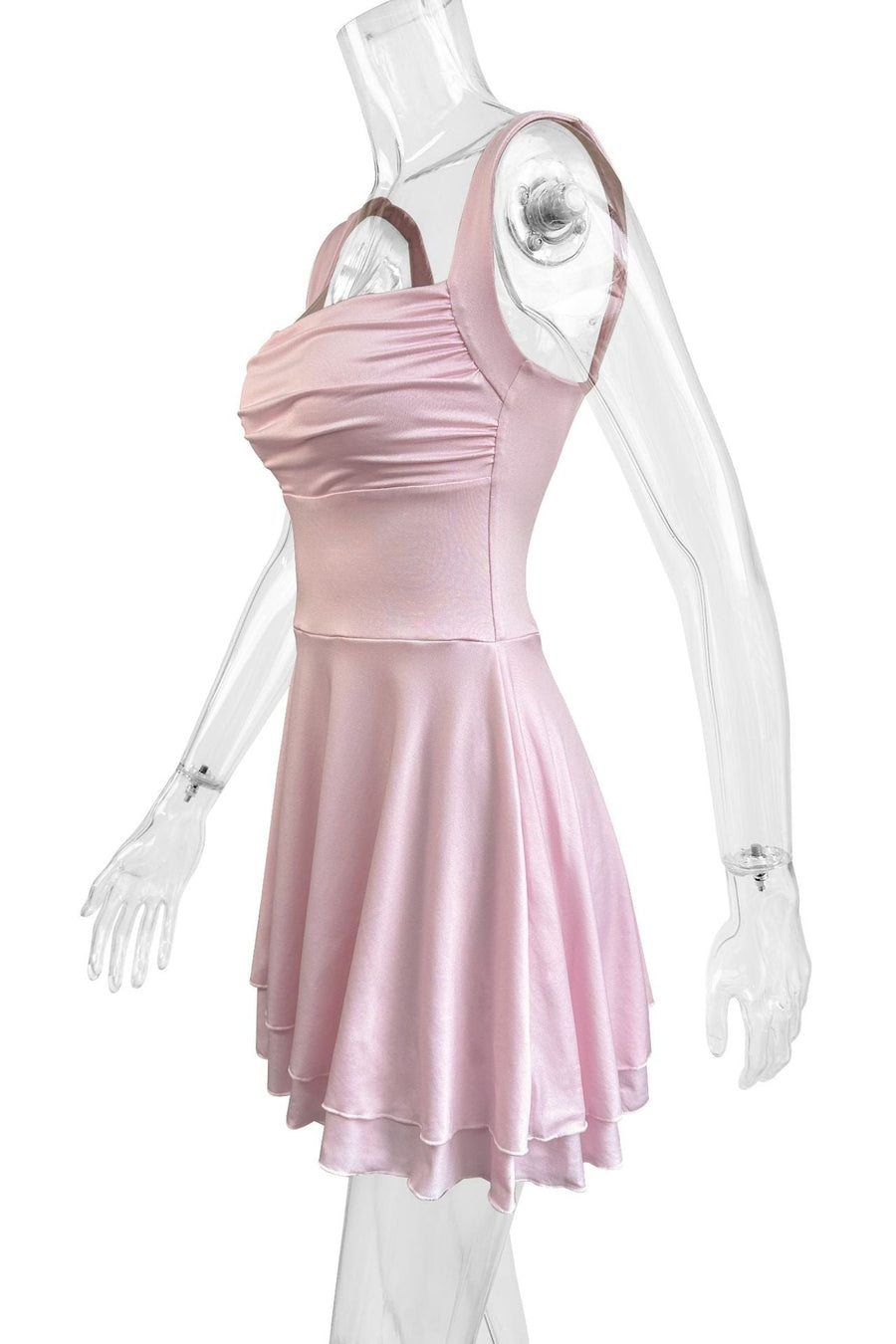 Square Neck Pink Tiered A-line Short Dress