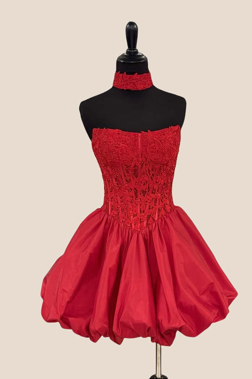 Square Neck Red Appliques Bud Homecoming Dress