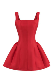 Square Neck Red Pleated A-line Short Dress