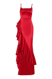 Square Neck Red Ruffled Long Dress