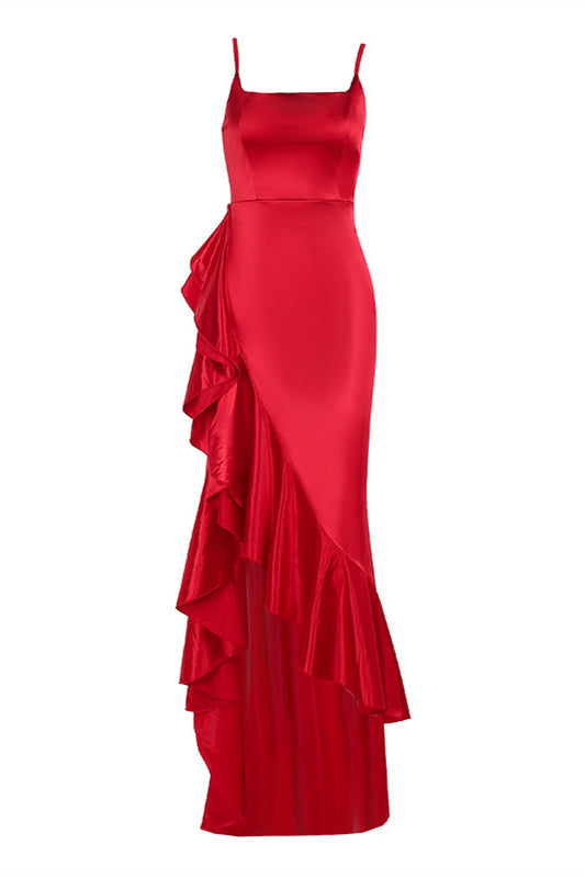 Square Neck Red Ruffled Long Dress