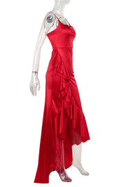 Square Neck Red Ruffled Long Dress