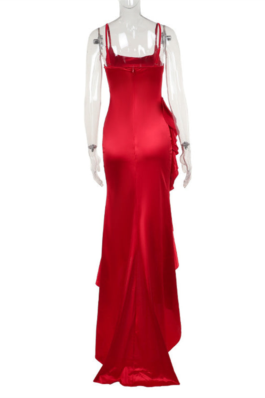 Square Neck Red Ruffled Long Dress