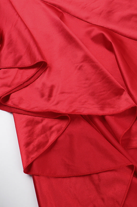 Square Neck Red Ruffled Long Dress