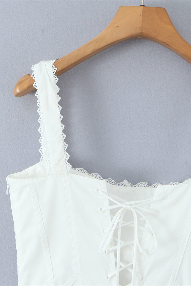 Square Neck White Lace Hem Short Dress