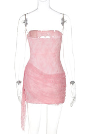 Strapless Pink Hollow Heart Lace Short Dress