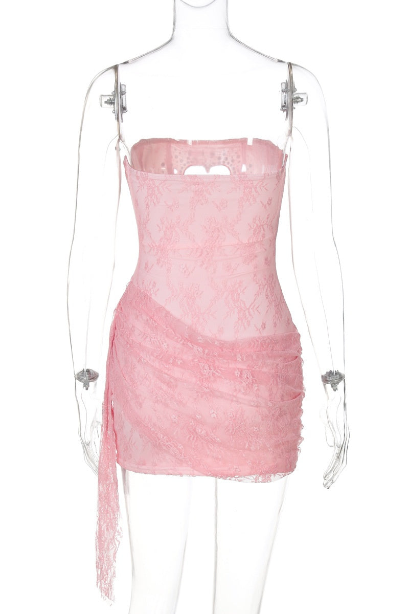 Strapless Pink Hollow Heart Lace Short Dress